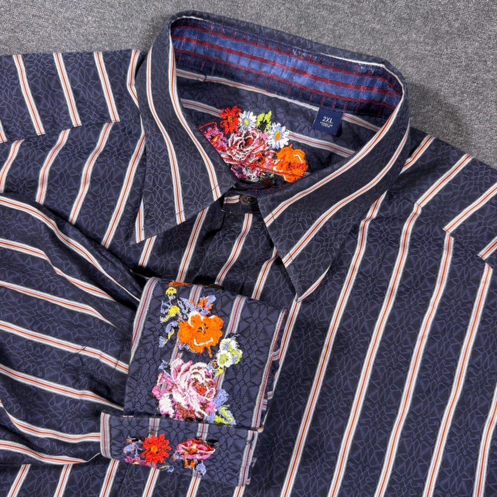 Robert Graham Button Down Shirt Mens 2XL Blue Striped Floral Embroidered Cotton